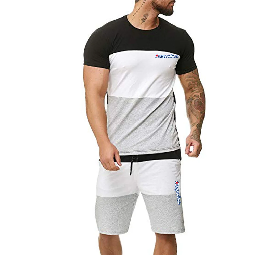 Letné pánske oblek T-tričko + nohavice dvoch-dielny príležitostné športové list tlač vyhovovali športové pánske T-shirt