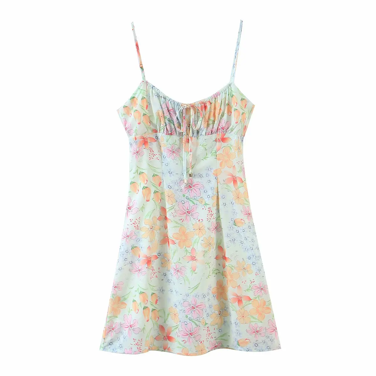 Letné ženy mini šaty špagety popruhy slim kvetinový tlač ruched podšívka spring beach krátke šaty dámske