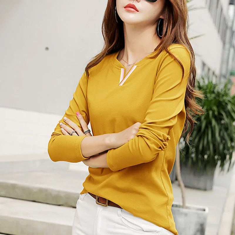 LJSXLS 2020 Jeseň Zima Bavlnené tričko Ženy V Krku T-Shirt kórejské Oblečenie Dámske Dlhý Rukáv Topy Plus Veľkosť Tee Tričko Femme