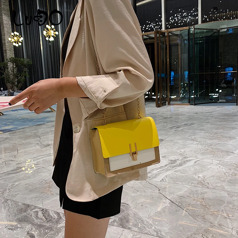 LUCDO Fashion Reťazca Crossbody Tašky Pre Ženy 2020 Nové Rameno Messenger Bag Ladies Kontrast Farieb Taška Pu Kožené Kabelky