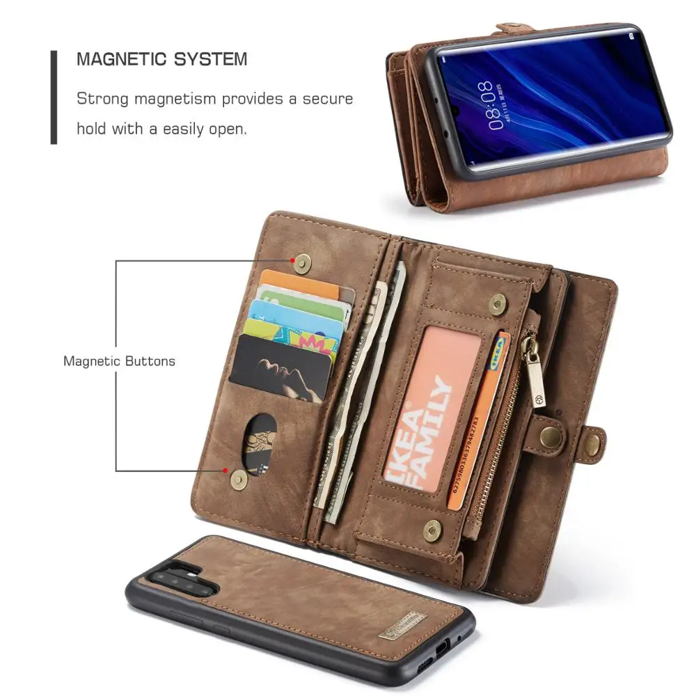 Luxusná Peňaženka na Zips, Flip Stojan Telefónu Prípadoch Pre Huawei P20 P30 Lite Pro Mate 20 Pro Odnímateľný Ultra Tenké PU Kožené Kryt coque