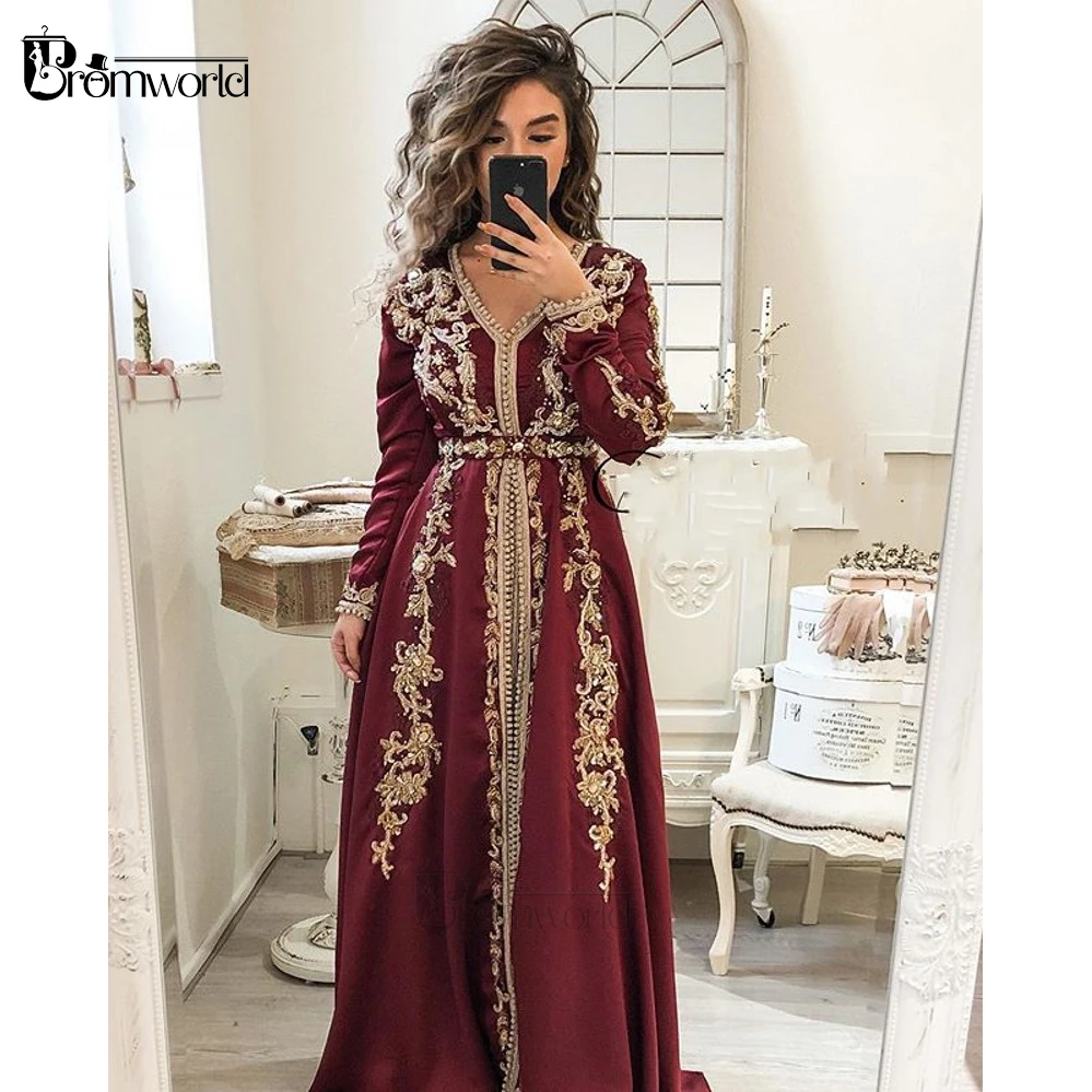 Luxusné Marocký Kaftane Burgundsko Večerné Šaty 2020 Dlhé Rukávy Lištovanie Výšivky Satin A-Line V Dubai Moslimských Formálne Večerné Šaty