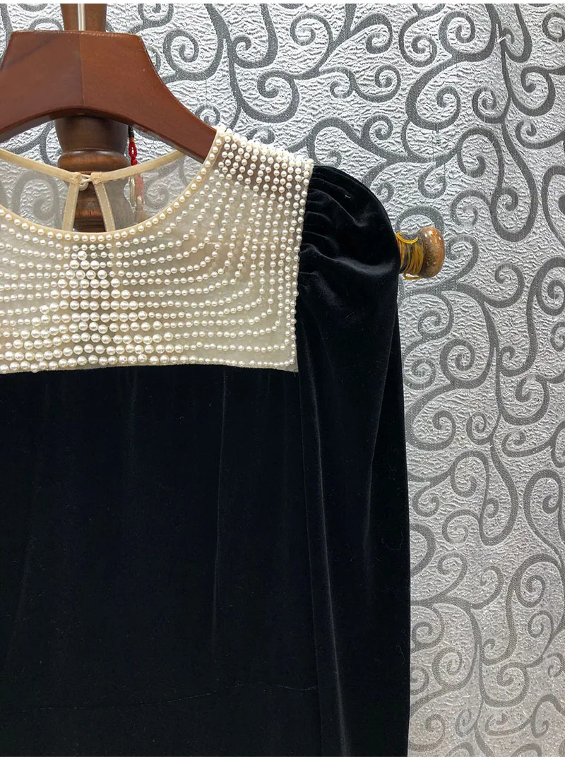 Luxusné Šaty 2020 Jeseň Zima Strany Vintage Ženy Ručne Vyrobené Lištovanie Deco Dlhý Rukáv Polovici Teľa Dĺžka Čierne Zamatové Šaty Žena