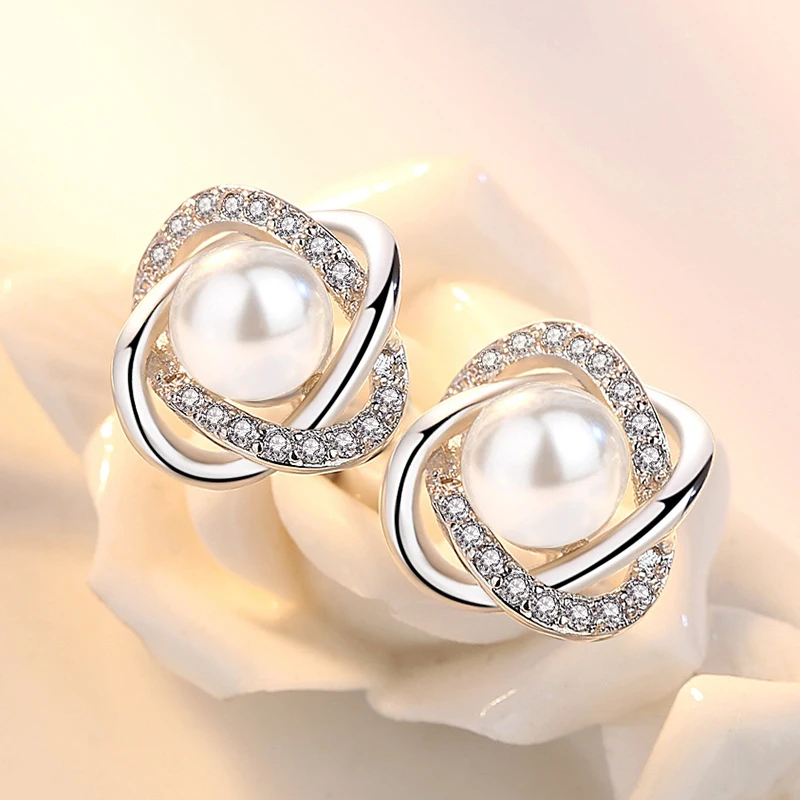 Luxusný Pearl Stud Módne Náušnice Biele Zlato Á Zirconia Twist Pearl Náušnice pre Ženy, Svadobné Svadobné Šperky Darček Brincos