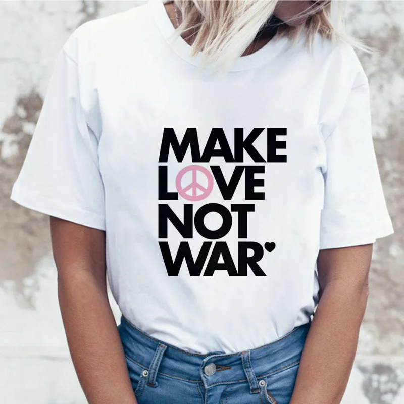 Make love not war t-shirt Tenké časti tričko žena 2019 Nové letné módy lumbálna Ženy tričko Harajuku Tees oblečenie, Topy