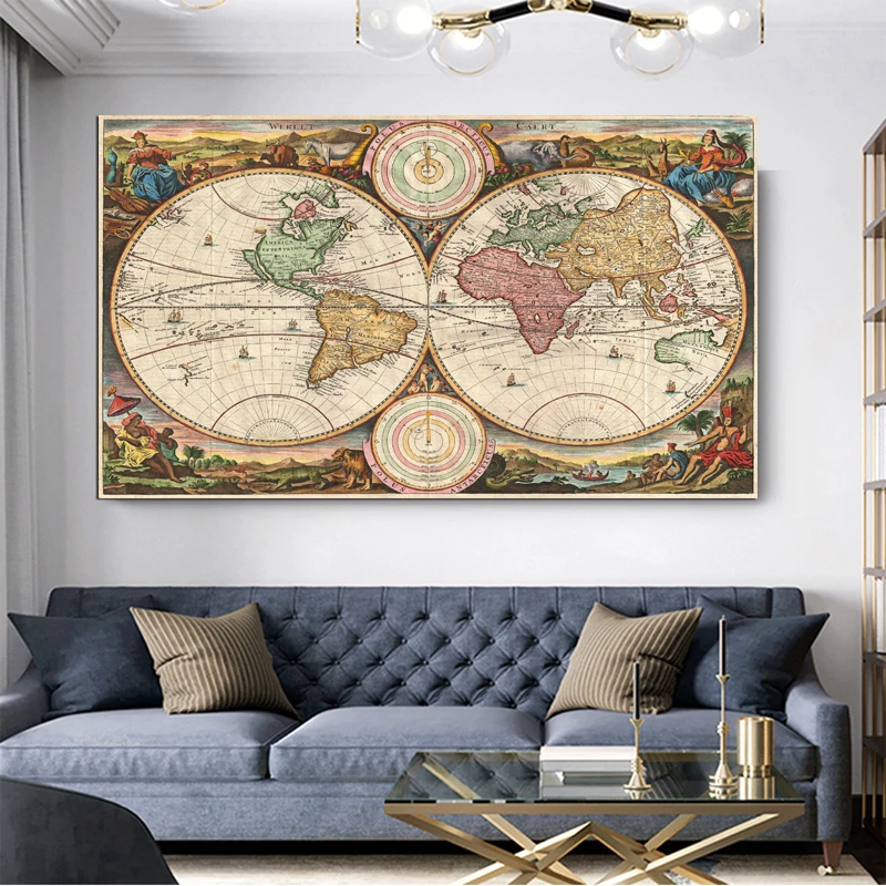 Mapa Sveta Retro Staré Umenie na Plátne Obrazy Pre Obývacia Izba Vytlačí Plagáty na Stenu Umenie Domáce Dekorácie Č rám