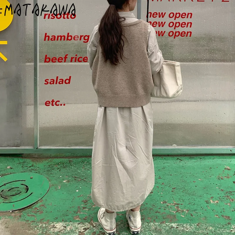 MATAKAWA Príležitostné Voľné Tričko Šaty Žena kórejský Elegantný Minimalistický Single-breasted Dlhý Rukáv Šaty Vintage Vestidos
