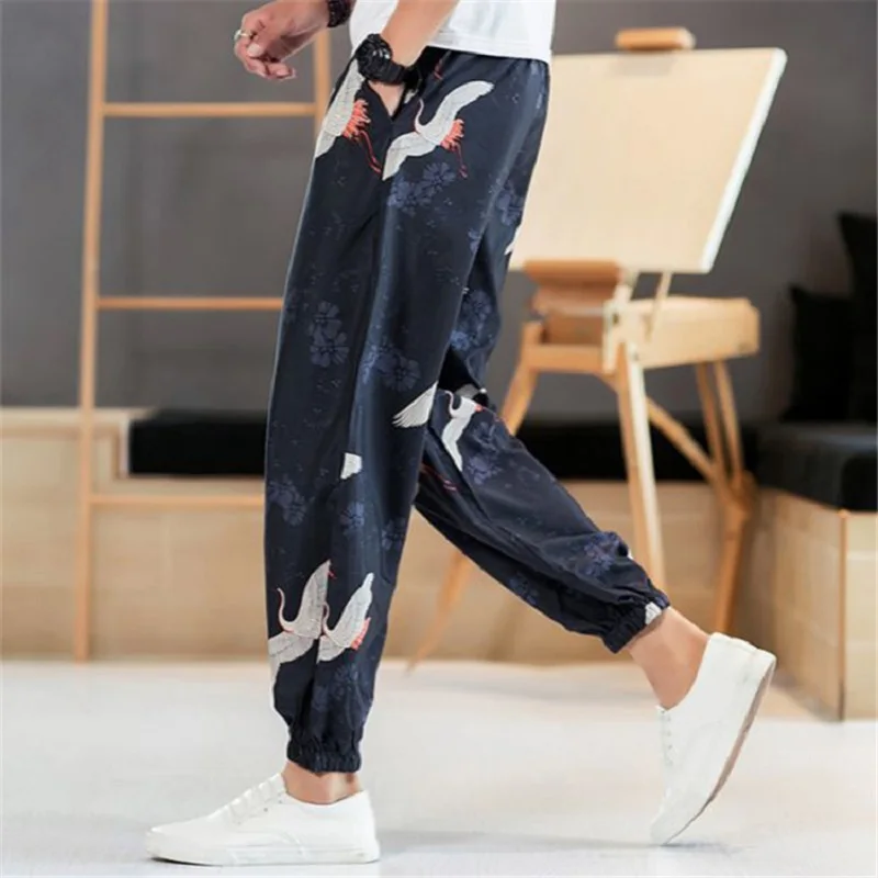 Mens Voľné Japonský Harajuku Štýl Osobnosti Tlač Sweatpant Pláži Bežné Nosenie Hárem Kimono Streetwear Nohavíc