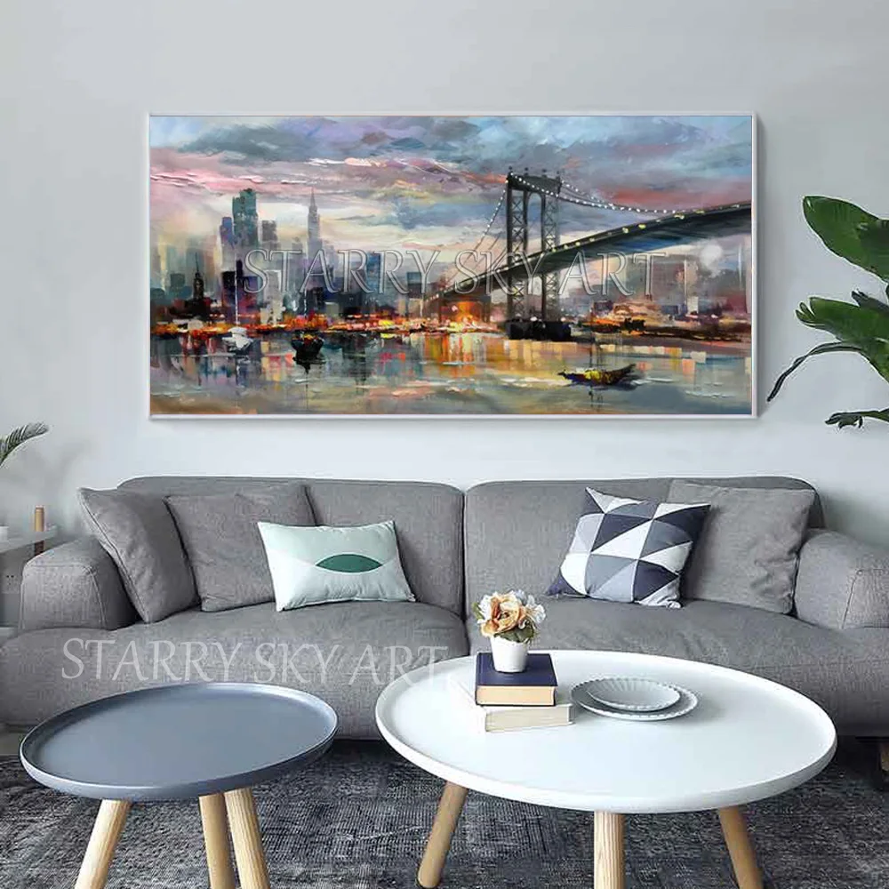 Mesto Krajiny Ručne maľované Vysoká Kvalita Súčasného New Yorku Mrakodrapov, olejomaľba na Plátne New York Most olejomaľba