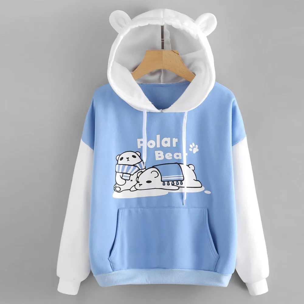 Mikina hoodies Ženy 2021 Patchwork mačka ucho, Dlhý Rukáv Polar Bear SPP Tlač Klokan Kapucňou pulóvre Jeseň jar moletom