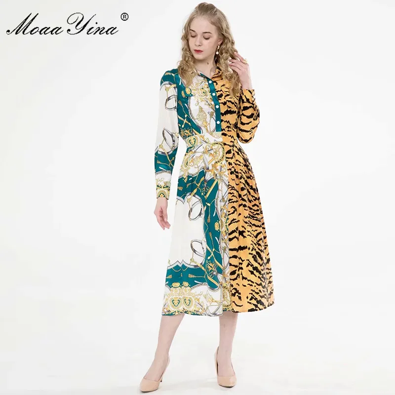 MoaaYina Módny Návrhár šaty Jar AutumnWomen Šaty s Dlhým rukávom Prúžok Leopard tlač Vintage Šaty