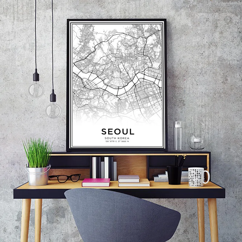Moderné Čierne A Biele Mapy, zemepisná šírka Zemepisná dĺžka Seoul City Plagát HD Tlač Južná Kórea Cestovné Wall Art Maliarske Plátno