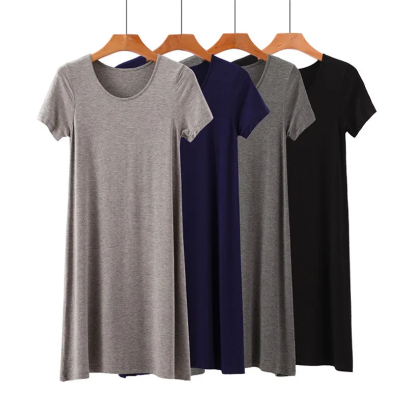 Modálne Pletené Letné Šaty Pevné Krátky Rukáv O-Krku Bežné T-shirt Módne Šaty Plus Veľkosť Voľné Dlho Vestidos Maxi Plážové Oblečenie