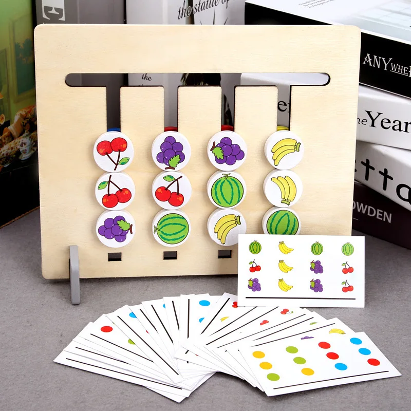 Montessori dual-purpose drevené štyri farebné ovocie logická hra osvietenie učebných pomôcok detí raného vzdelávacie hračky