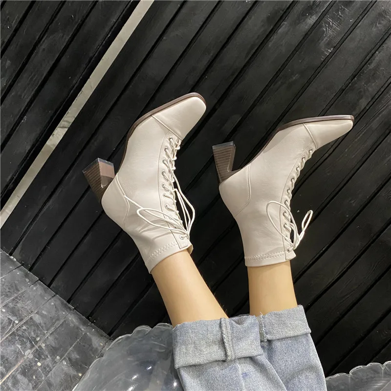 MORAZORA 2020 Originálne kožené topánky na vysokom opätku štvorcové prst jeseň zima ženy móda, topánky šnurovacie členkové topánky čierne