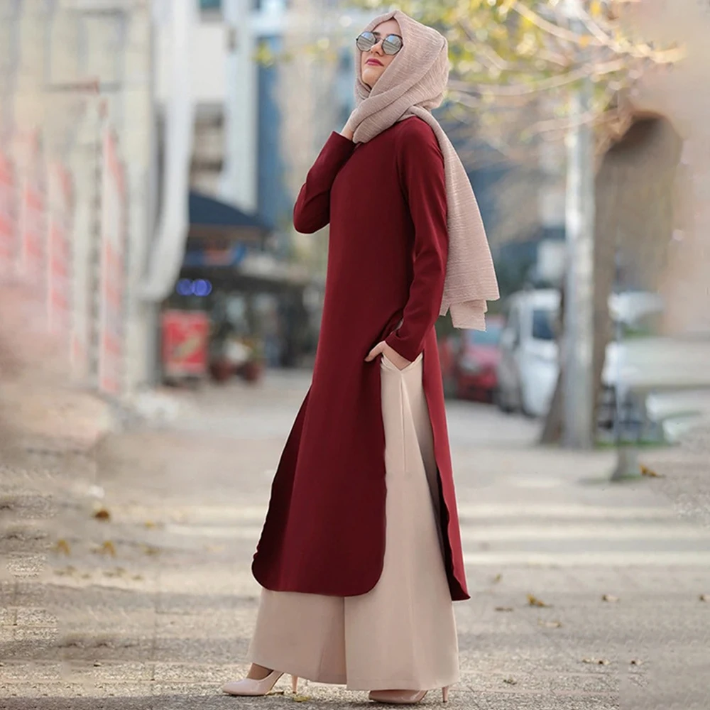 Moslimské Abaya Šaty Dlhé Topy Arabských Turecko, Dubaj Stručný Pevné Bočné Split O Krk Dlhý Rukáv Top Eid Ranmadan Islamské Oblečenie Ropa