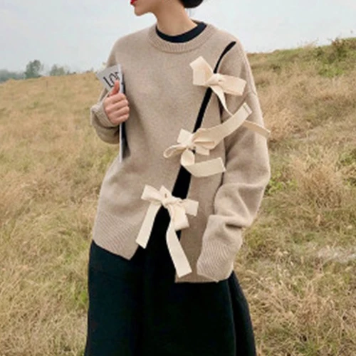 Motýlik sveter žien voľné 2020 jeseň nová bunda dámske kabát motýlik Duté-out Split Pulóver Príčinné roztomilý topy