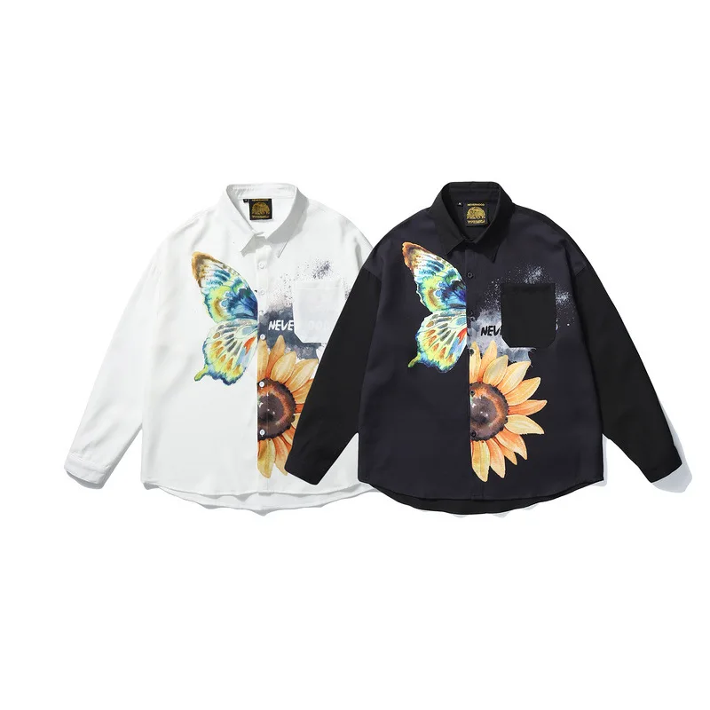 Motýľ Daisy Kvety Tlač Tričko s Dlhým Rukávom Streetwear 2020 Jeseň Harajuku Hip Hop Voľné Tričká Topy Čierna Biela WY151