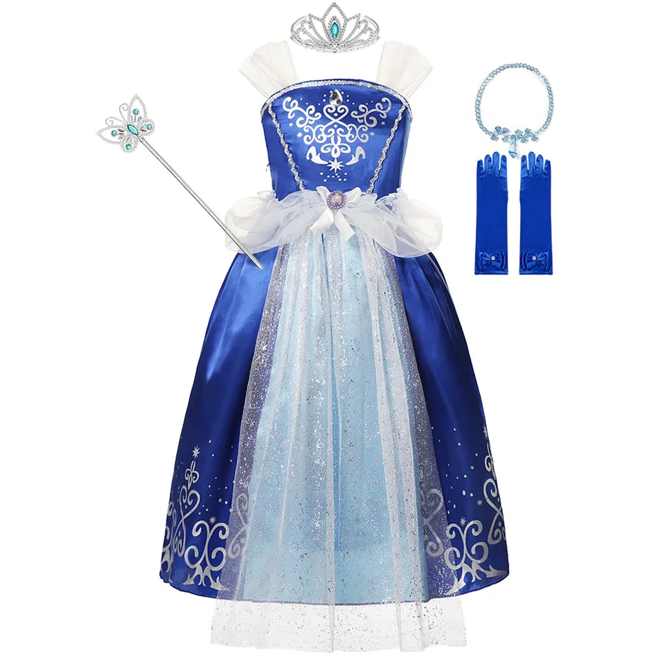 MUABABY Dievčatá Halloween Party Rella Princezná Kostýmy Deti Modrá Tylu Luk Šaty Deti Nádherný Saténový Sequin Oblečenie 2-8T