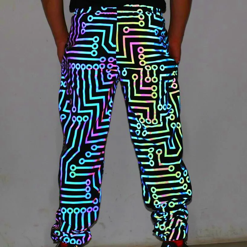 Muži geometrické okruhu farebné reflexné nohavice elastický pás hip hop tepláky ženy harajuku bežné nosenie ulice