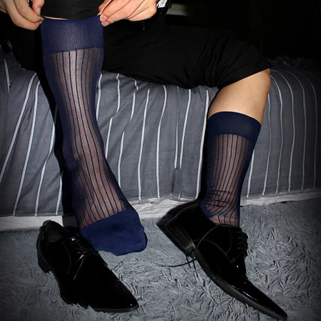 Muži Nylon Hodváb Pruhované Ponožky Vidieť cez Obyčajné Vec Sexy Formálne Šaty, Oblek Muž Dlhé Ponožky Softy Silks Ponožky Pre Mužov Podnikania