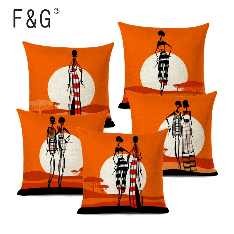 Móda Africké Dievča Vankúš Oranžovej Farby Afriky Štýl Čierne Ženy Domov Umeleckou Výzdobou Gauč Obliečka Na Vankúš Bielizeň Vankúš
