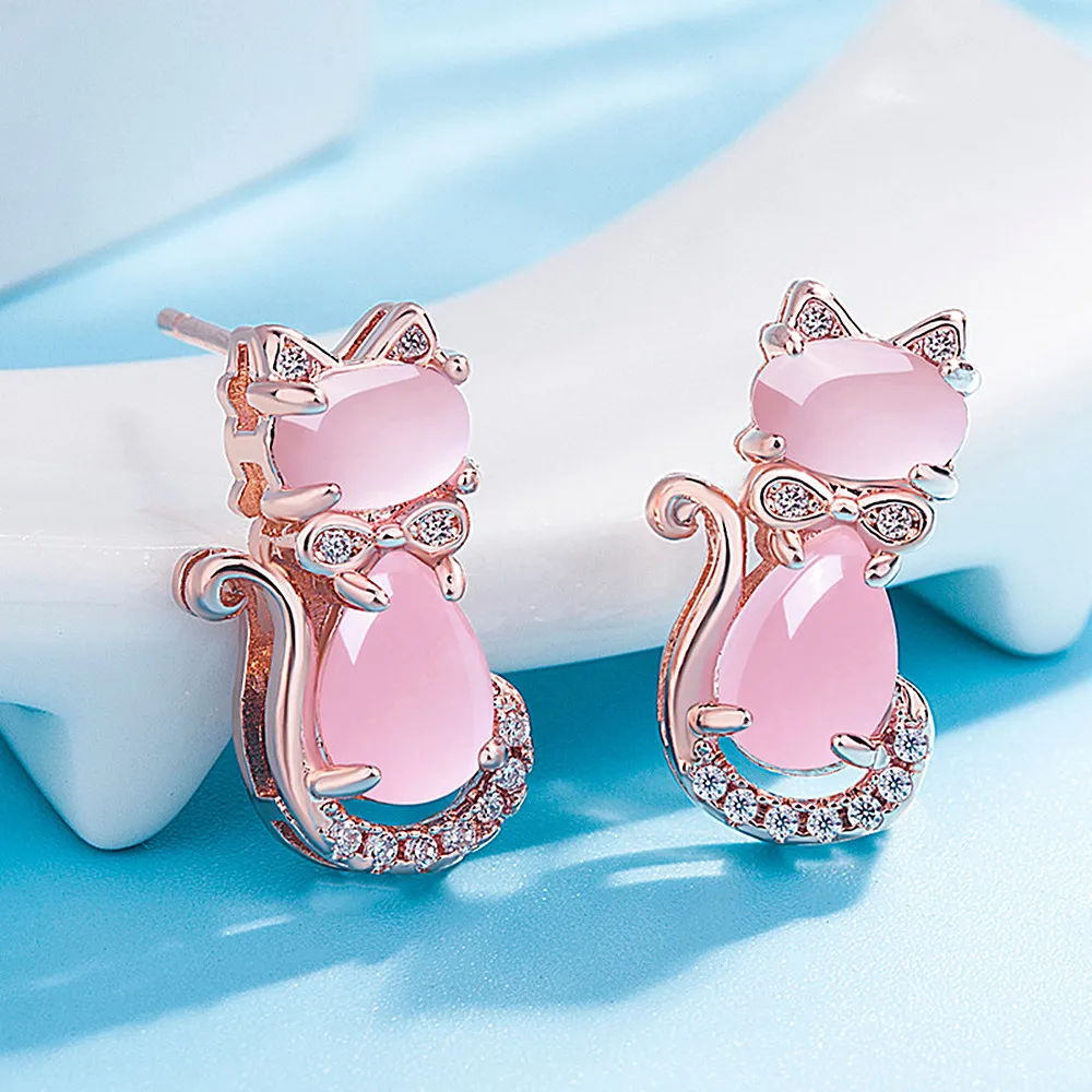 Móda roztomilé mačky ružový kryštál zirkón diamantov, drahých kameňov stud náušnice pre ženy rose gold color šperky bijoux darčeky brincos