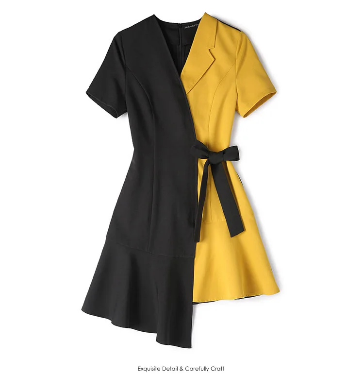 Móda Ženy Letné Šaty 2020 Nové Čierna Žltá Mozaika Krátky Rukáv Asymetrické bežné kancelárske Party Šaty
