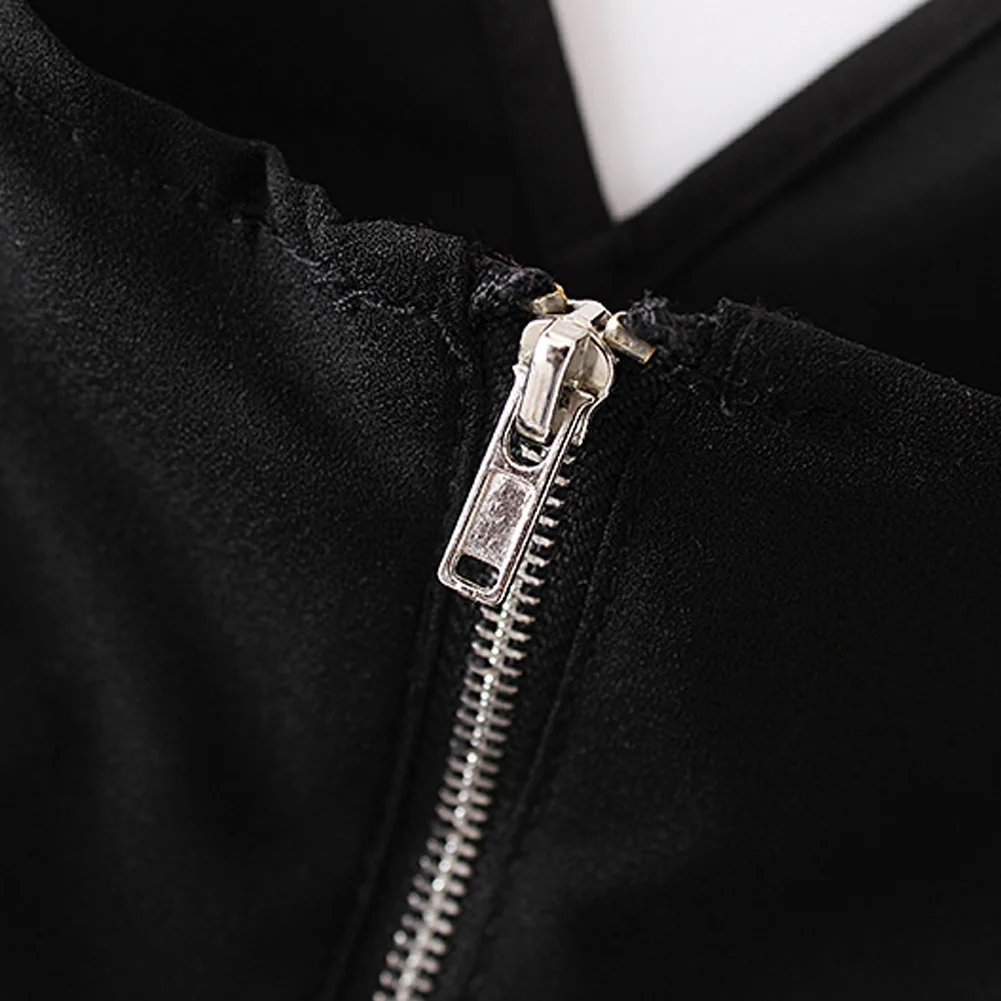 Móda Ženy Mini Šaty Hlboké V-Neck Špagety Popruh Výšivky Zložené Zips Letné Šaty Black
