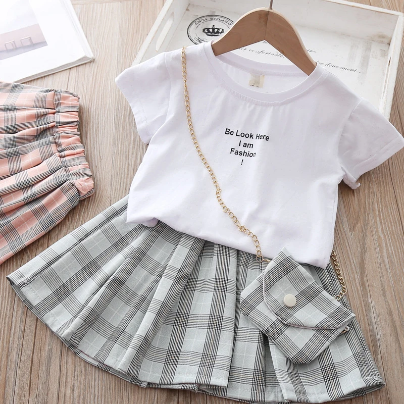 Módne Detské Dievčenské Letné Šaty, Oblek Listy T-shirt Kockované Sukni S voľným Bag 3ks detské Oblečenie Set Pre 3-7 rokov