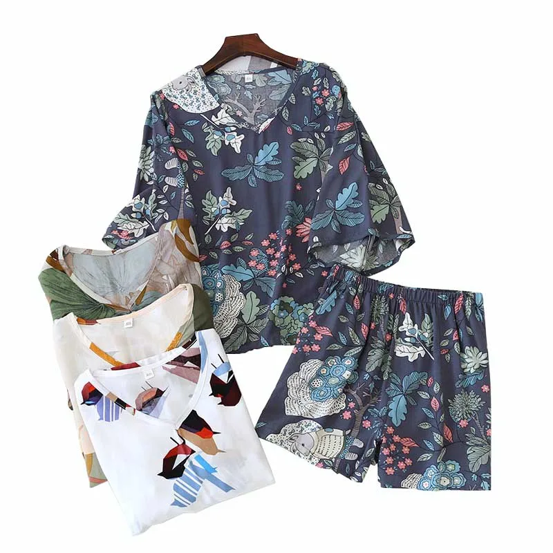 Na jar A v Lete Ženy tvaru Tri štvrtiny Rukáv Top+Šortky Pyžamo Nastaviť Tenká Bavlna Satén kórejský Štýl Pohodlie Voľné oblečenie pre voľný čas