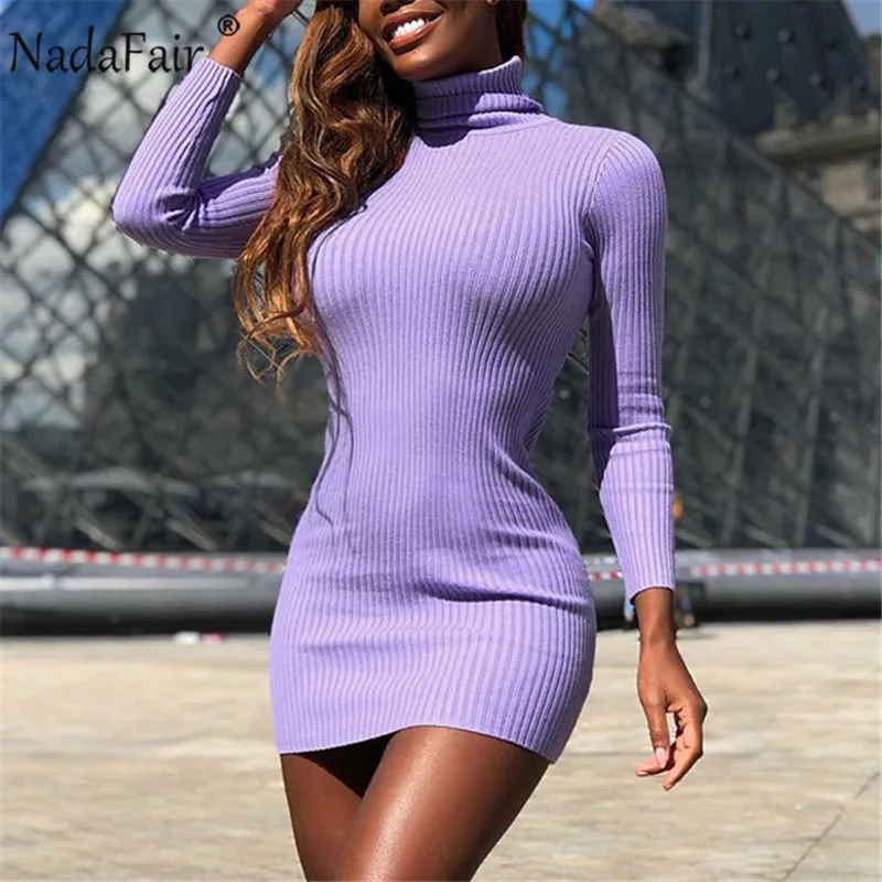 Nadafair Turtleneck Základné Rebra Pletené Šaty Bežné Jeseň Dlhý Rukáv, Modrá Fialová Tenký Mini Sexy Bodycon Šaty Žien 2020