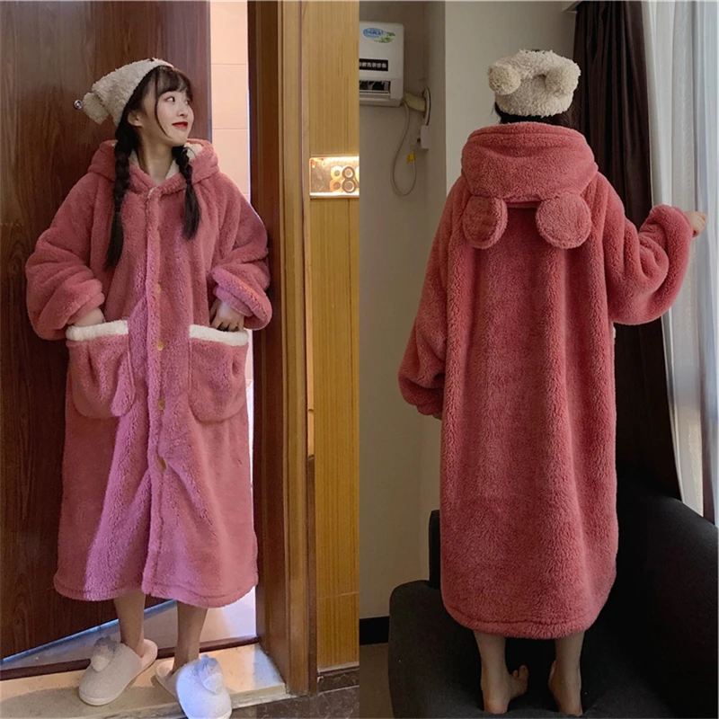 Nightgown zimné zahusťovanie žena kórejský župan iny žien jeseň nové voľné teplé long-sleeve hooded pyžamo domov služby