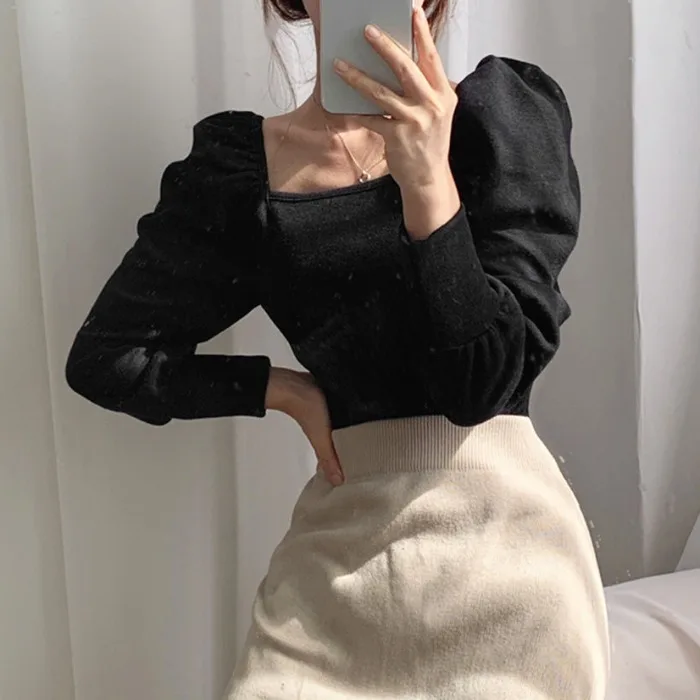 Nomikuma kórejský Elegantné Jeseň Lístkového Dlhý Rukáv Knitwear 2020 Nové Námestie Golier Pevné Slim Pletené Topy Ženy Základné Pulóver 6C180