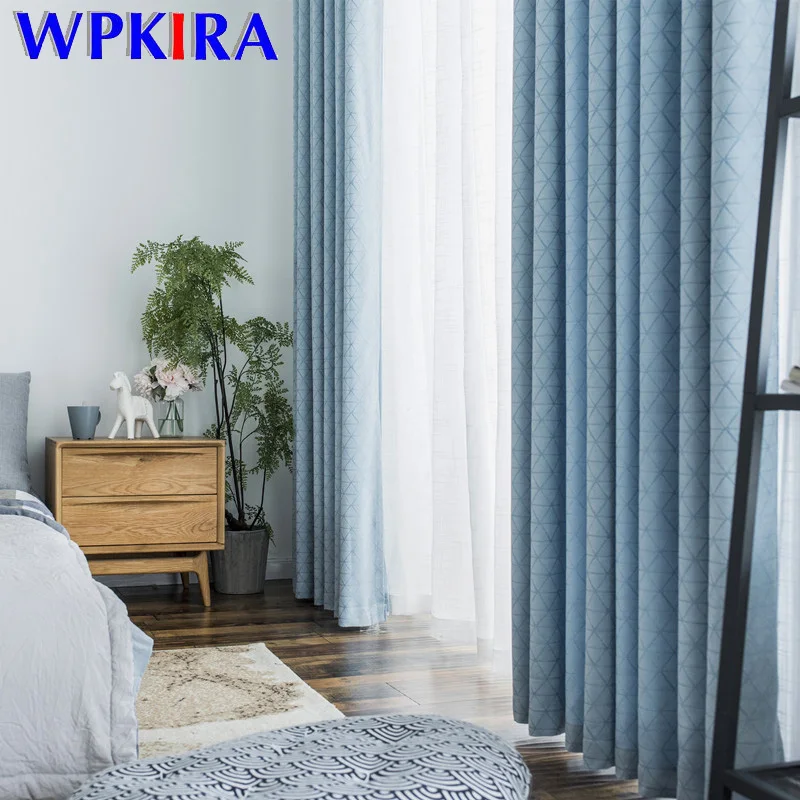 Nordic Modrá Žakárové Geometrické Zatmenie Opony pre Obývacej Izby, Spálne, Bavlnená posteľná Bielizeň Textílie Moderné Okenné Závesy Villa AD096H