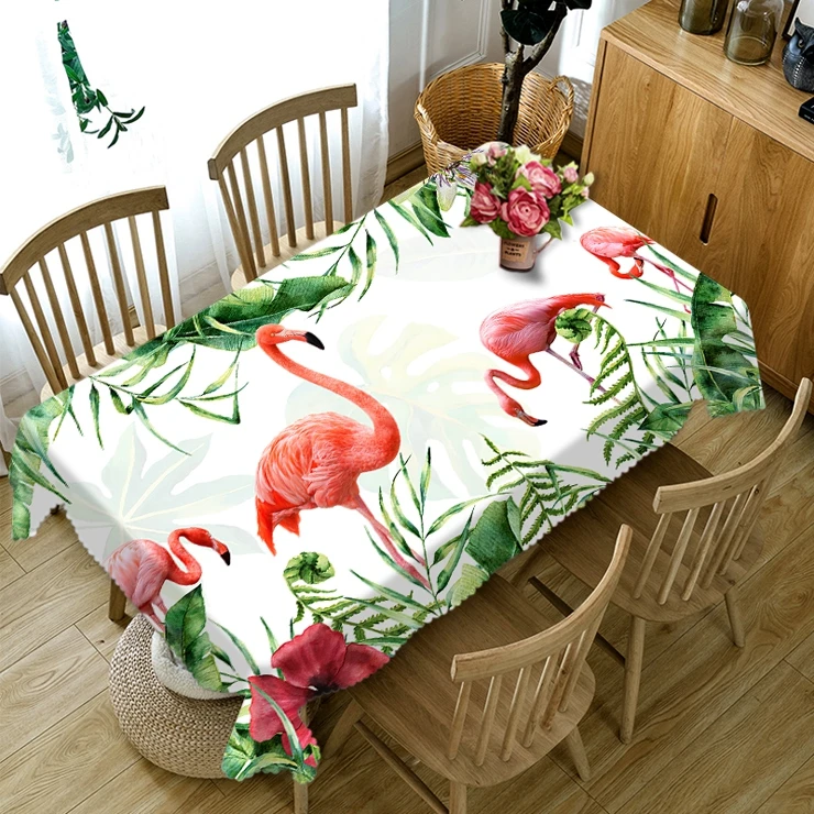 Nordic štýl 3D Obdĺžnikový Obrus Flamingo & Rastliny Vzor Umývateľný Zahustiť Bavlna Okrúhly Jedálenský Stôl Handričku na Svadbu