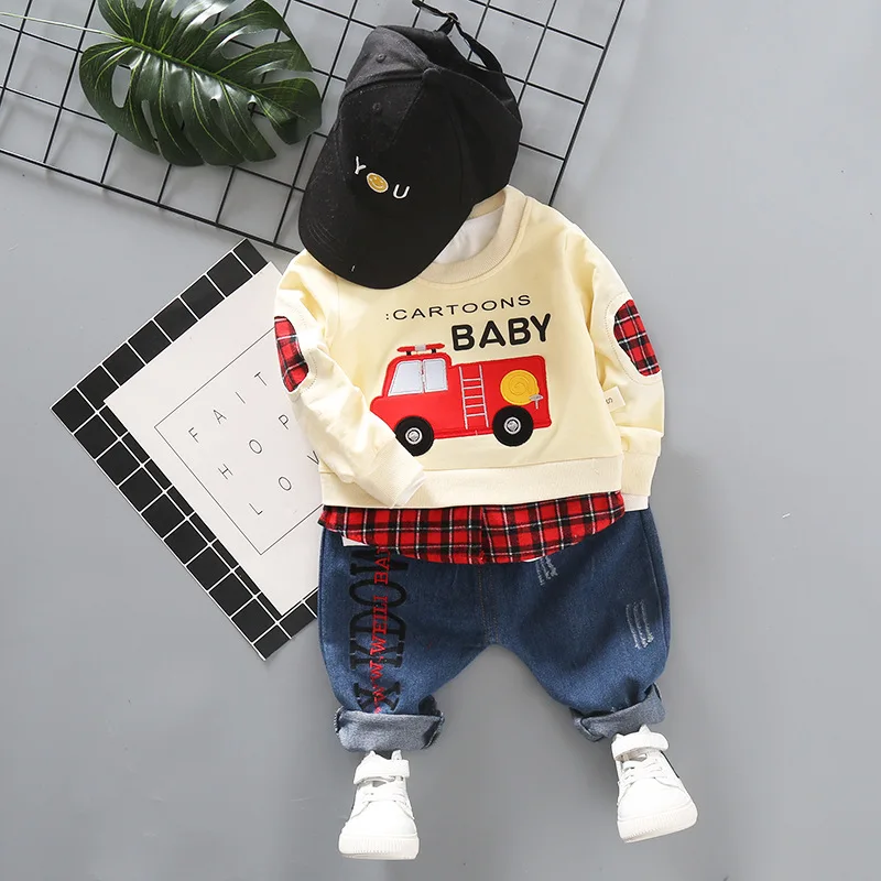 Novonarodené dieťa chlapec oblečenie set pre Nové kreslené bežné dlhým rukávom oblek pre chlapca, vyšívané požiaru truck dlhým rukávom dva-koláč