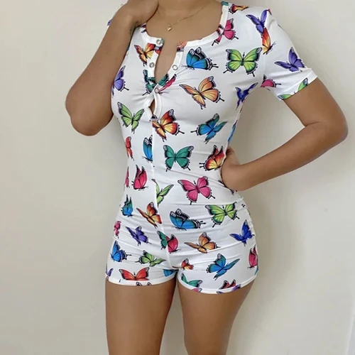 NOVÉ 2020 Sexy Ženy, Pyžamá Kombinézu Dlhý Rukáv Hlboko V Krku Bodycon Úsek Trikot Top Tlačidlo Krátke Playsuit Sleepwear