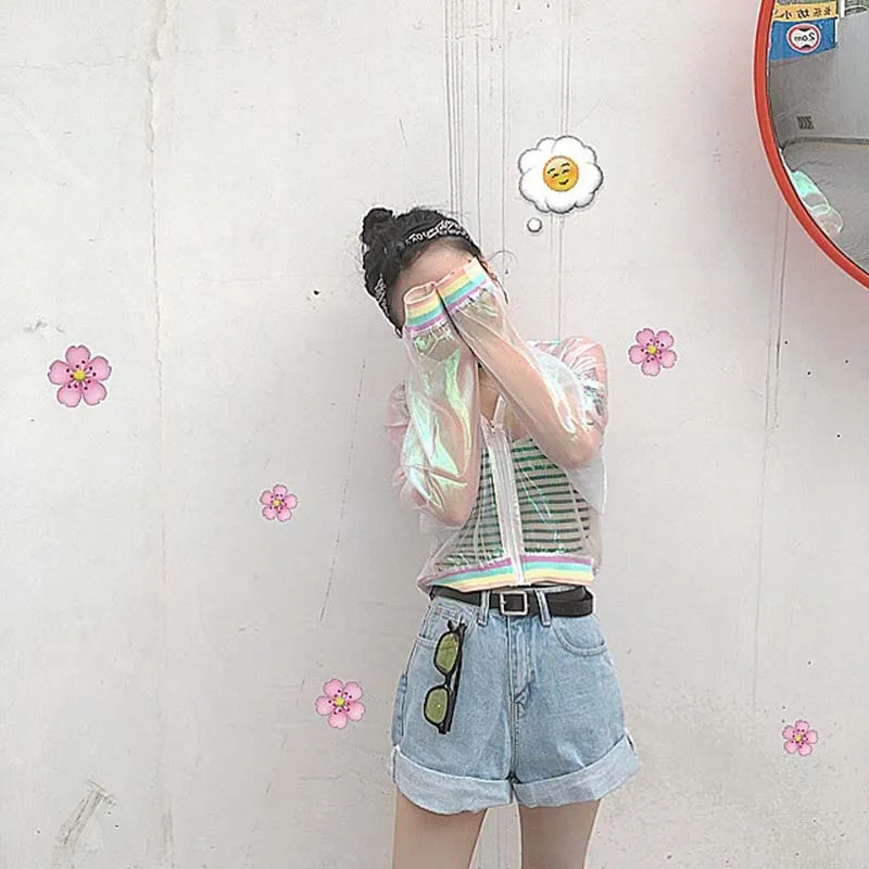 Nové 2020 Ženy Topy Harajuku Laser Rainbow Holografické Rainbow Transparentné Pilot Bunda na Ochranu pred Slnkom Bunda JK713