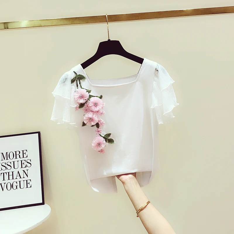 Nové Dámske Dámske Kvetinové Vyšívané Krátky Rukáv Biele Tričko Tee Tričko Veľkosť SMLXL Veľkoobchod 2020