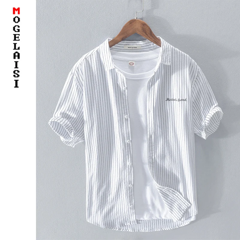 Nové Módne muži biele pruhované tričko krátkym rukávom letné topy výšivky Priedušná košele pre človeka oblečenie RC214