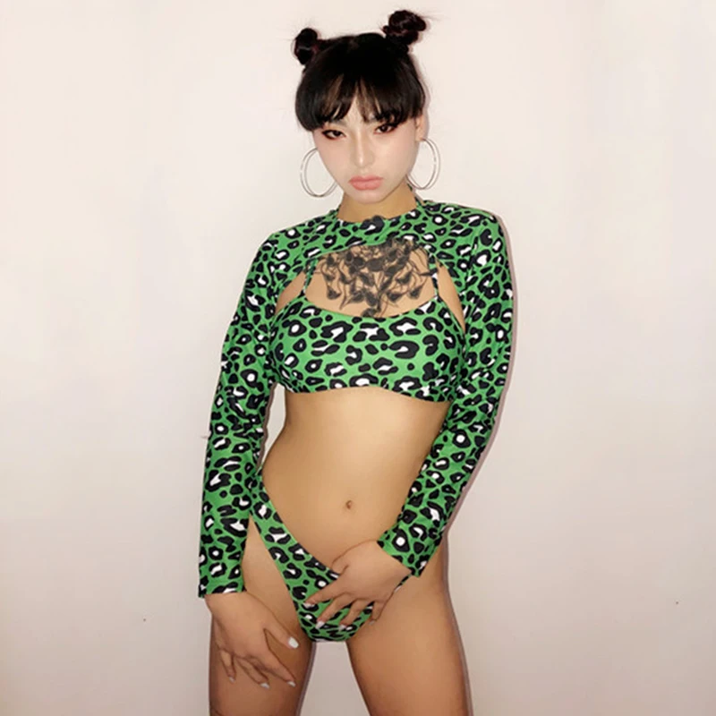 Nový DJ Kostýmy Bar Gogo Pól Tanečné Oblečenie Žien, nočný klub Sexy Zelená Leopard Bikini Jazz Tanečné Kostýmy Rave Oblečenie DQS5089