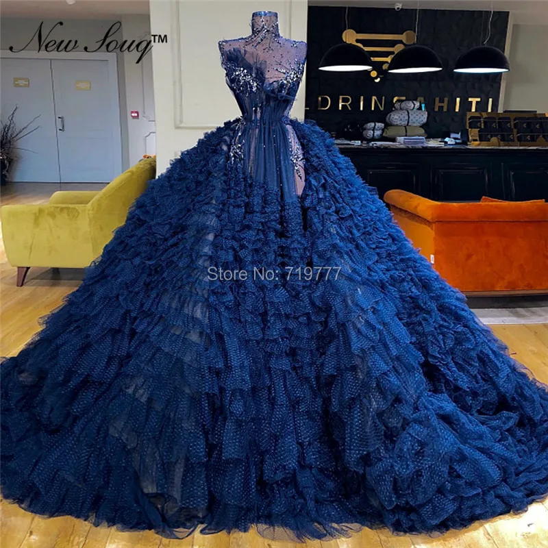 Nový Príchod Modrej Viazané Tylu Plesové Šaty, Večerné Šaty Prom Šaty 2019 Couture Celebrity Pary Plášte Arabčina Dubaj Župan De Soiree