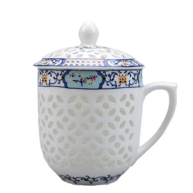 Nádherné 300 ml Jingdezhen Duté Honeycomb Sklo keramika Porcelán Šálku Čaju Zdravie Pohár Hrnček Mlieka, Kávy, Čaju Pohár s Vekom Tanier
