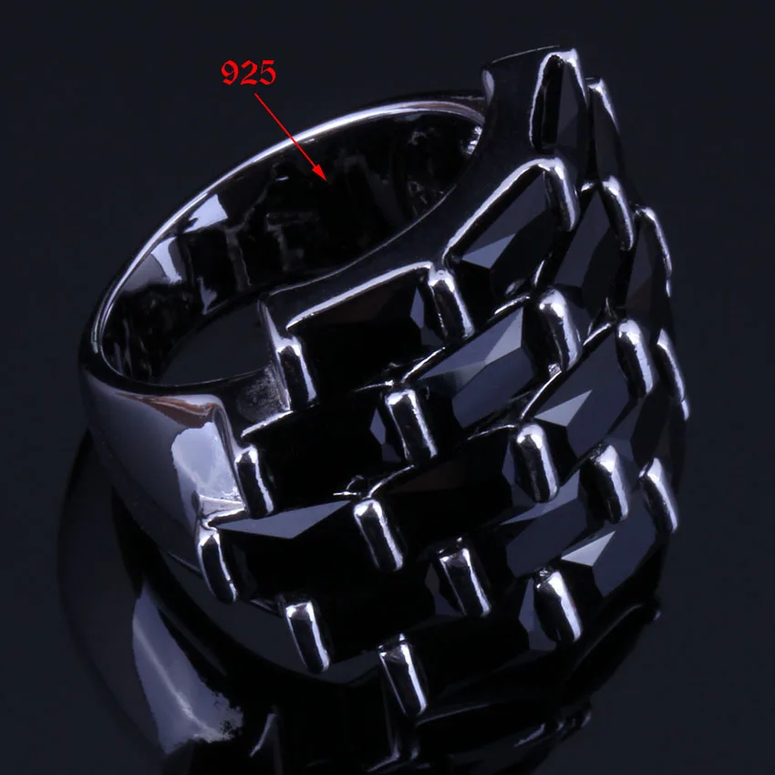 Nádherný Veľký Obdĺžnik Black Cubic Zirconia Strieborné Pozlátené Krúžok V0538