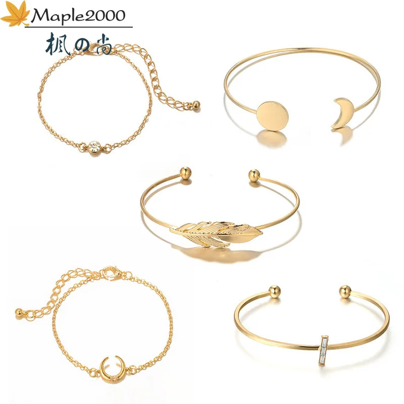 Náramky pre ženy, Otvorené štýl Zlata Reťazca necklace5 kus z nerezovej ocele, geometrické mesiac pierko, náramok, náramky, šperky