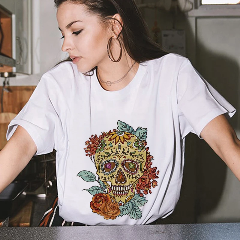 Oblečenie Pre Ženy 2020 Graffiti Lebka 90. rokov Estetické O-Krku Topy Harajuku Žien T-shirts Mujer Camisetas Nadrozmerné Top