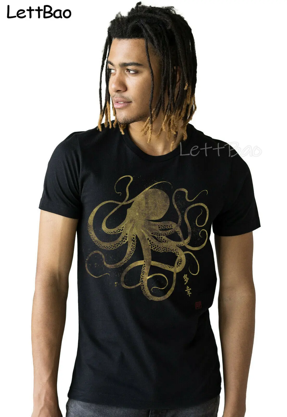 Octopus Japonské Umenie Kaligrafie T Shirt Anime, Japonsko Módne pánske T-shirt Print T Shirt Príležitostné Voľné Topy Tees Japonský Tričko