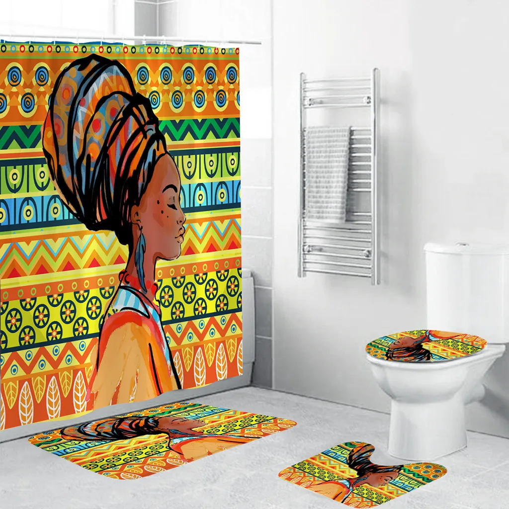 Ouneed 4PCS Africké Dievčatá Nepremokavé Kúpeľni Sprchový Záves nastaviť Anti-slip 3D tlač Wc Polyester Kryt Mat Nastaviť kvapka loď nové