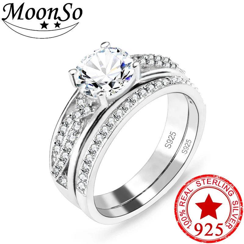Pevné 2021 925 sterling silver AAA zirconia ženy dvojité prst prsteň svadobný pár krúžky R4327S